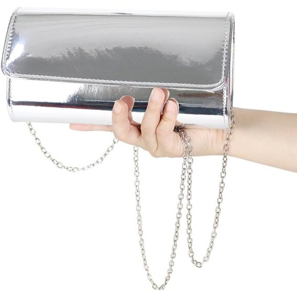 Silver Metallic Small Clutch Bag with Detachable Chain for Evening - Picture 2 of 6